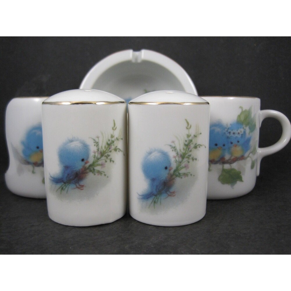 1979 Designer Bluebird Ashtray Candle Holders Salt & Pepper Shaker Set